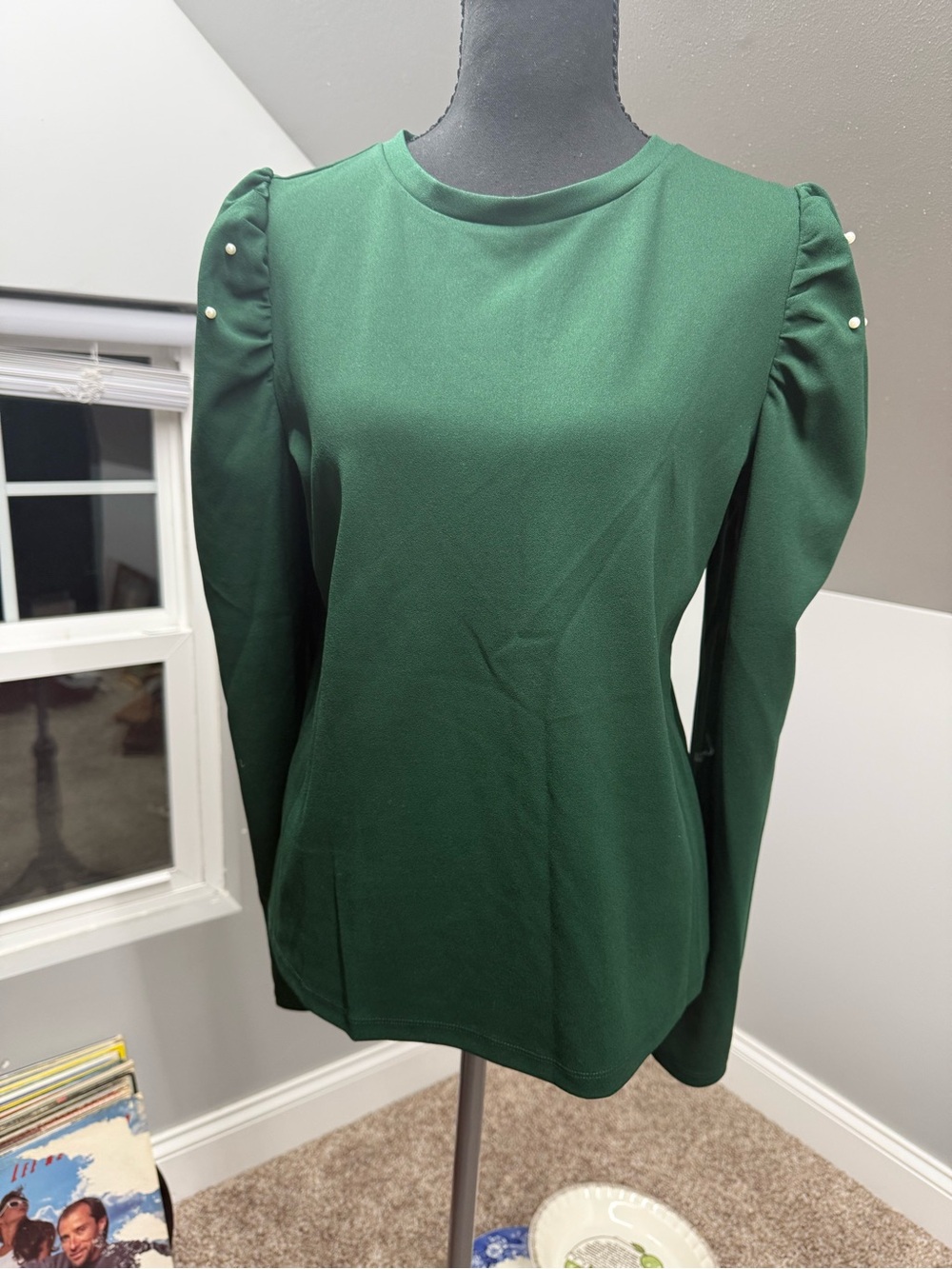 Ann Taylor Puff Sleeve Long Sleeve Top in Emerald Green with Pearl Accents
